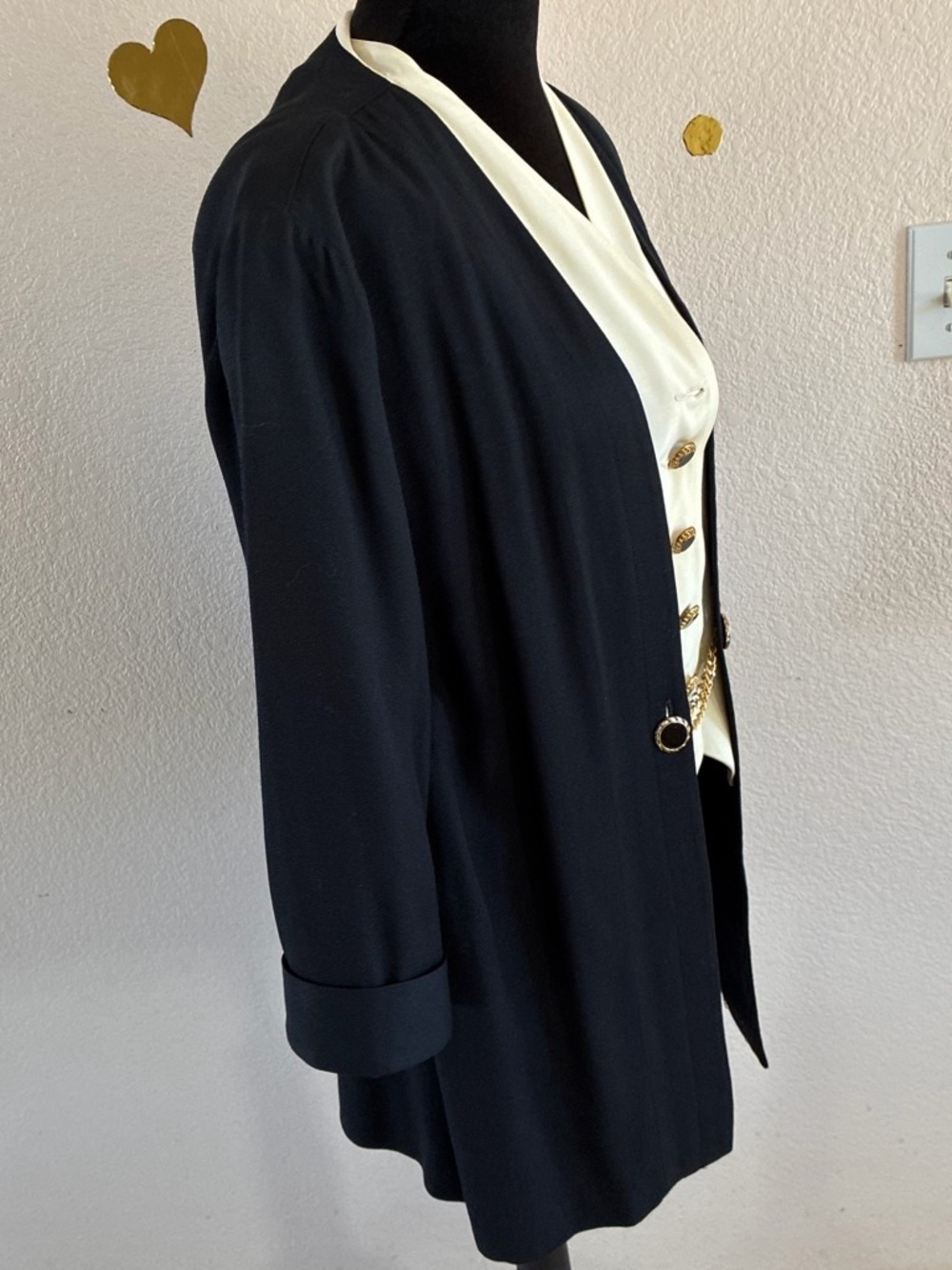 Black Open-Front Jacket with Cream Vest Detail - Picture 4 of 8